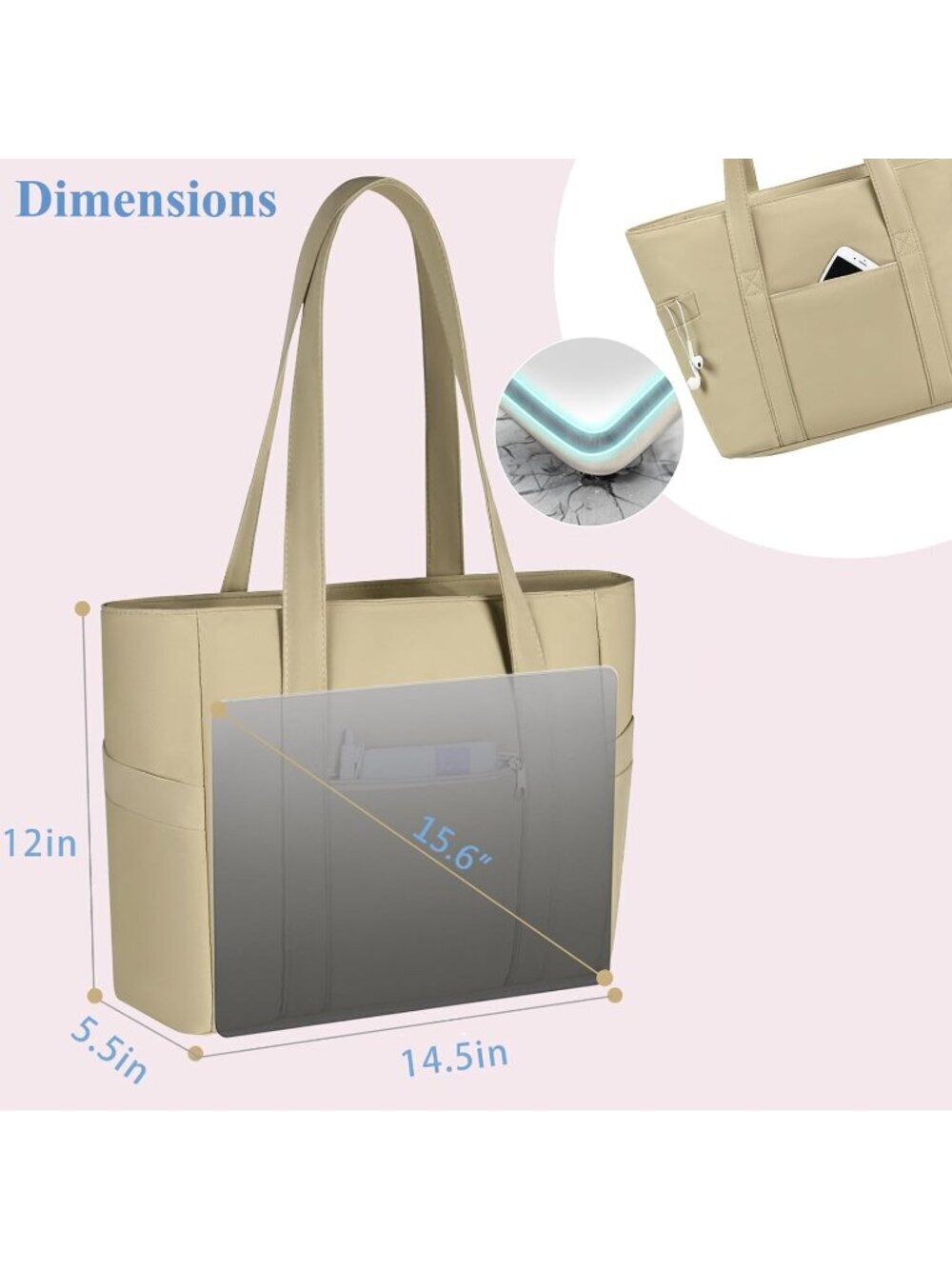 Women Brown Lightweight Nylon Tote Zipper Laptop Work Nurse Bag - Picture 3 of 6